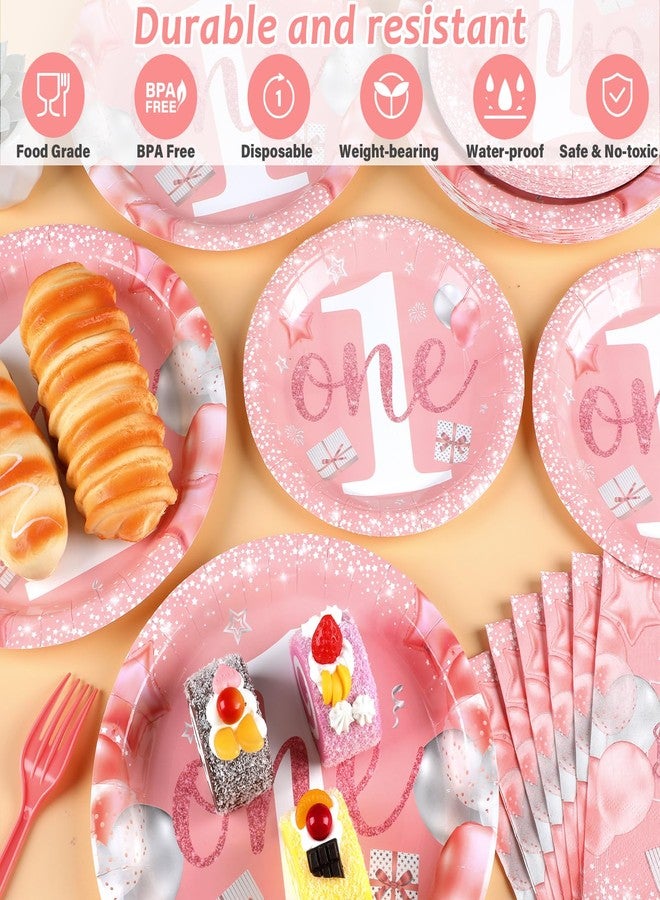 Wiooffen 96 Pcs Girl 1st Party Supplies Pink One Year Old Paper Plates Baby Girl 1st Birthday Decoration Pink DisposableTableware Set Bridal Shower Birthday Party Paper Plate Napkin Fork 24 Guests - Image 3